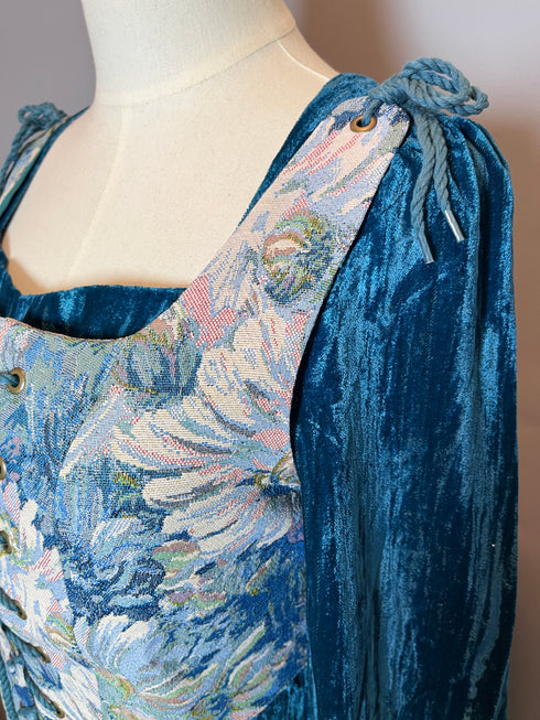 Gothic Blue Medieval Velvet Dress with Floral Corset and Long Sleeves – Gothic Medieval Dress Plus Size